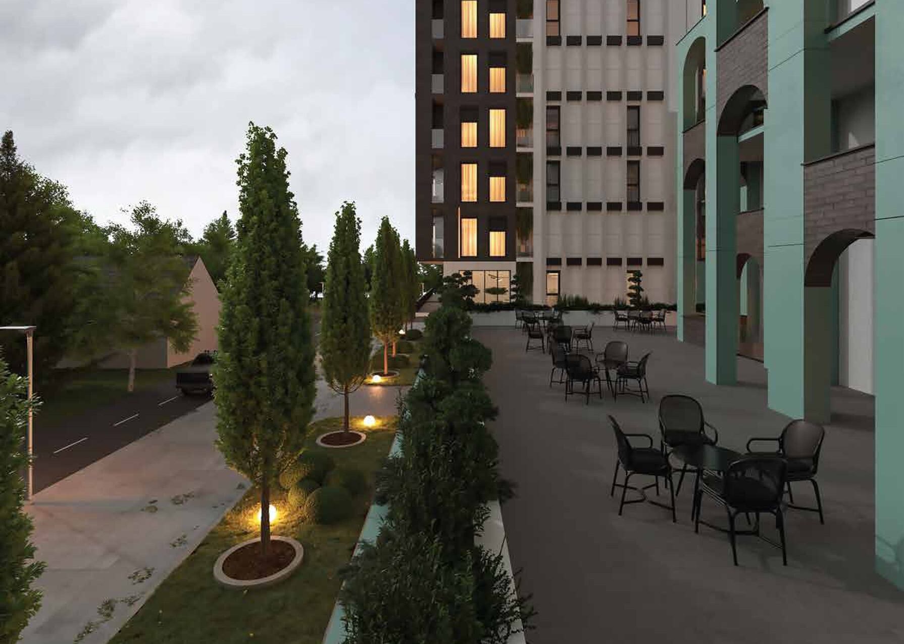 Oborri i gjelbëruar dhe hapësirat e jashtme të Golden Tower
