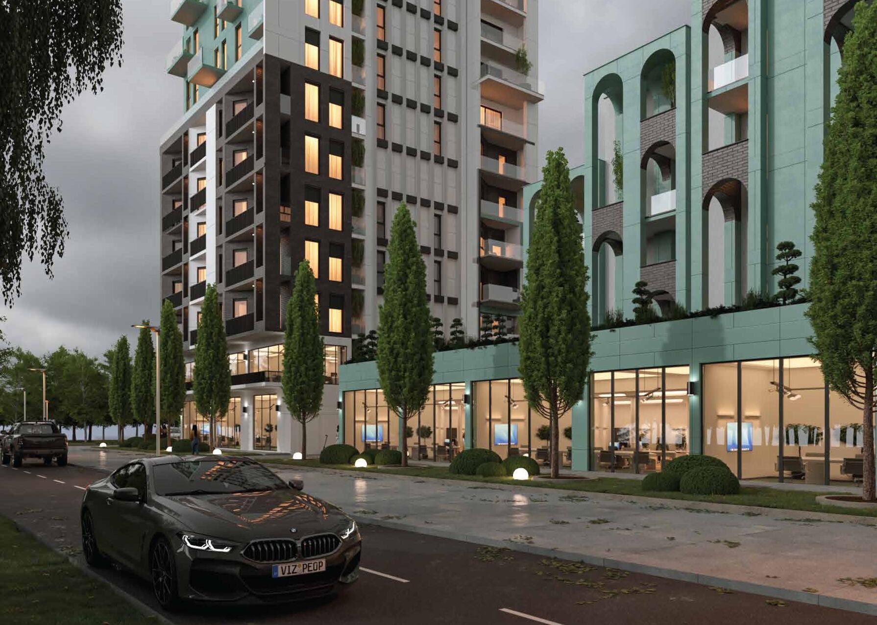 Pamja e plotë e kompleksit Golden Tower nga rruga
